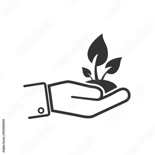 Hand holding plant icon symbolizing environmental responsibility