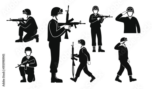 Vector illustration of soldiers in various tactical positions and saluting
