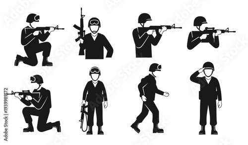 Vector silhouettes of soldiers in various combat poses