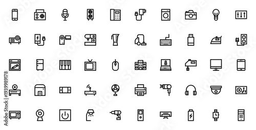 Electronic Devices icon set. Vector illustration of gadgets and appliances. Includes symbols for mobile phone, laptop, camera, headphones, charger, TV, keyboard, and more. Editable stroke.