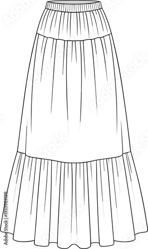 Black and white line drawing of a tiered ruffled maxi skirt with elastic waistband tiered skirt ruffled skirt