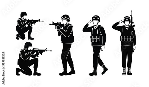 Vector illustration of soldiers in various poses with rifles