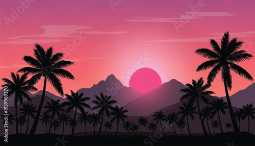 Vibrant Tropical Sunset Vector Illustration with Silhouetted Palm Trees and Distant Mountains, Capturing a Serene Exotic Evening Landscape