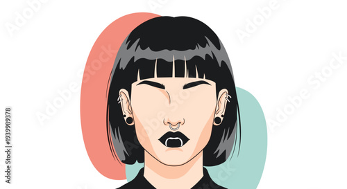 Face of a woman with edgy style featuring black hair with bangs multiple ear piercings and dark black lipstick.