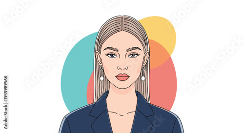 Symmetrical portrait of a professional woman with long blonde hair and two different colored eyes in business attire.