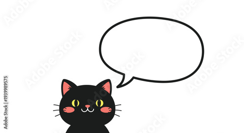 Cute black cat character looking up at a large blank white speech bubble for text placement on a white background.