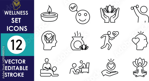 A flat vector line icon set illustrating wellness and self-care activities, meditation, yoga, breathing, relaxation symbols, minimal green outline style on light background collection