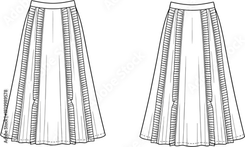 Fashion Flat Sketch of a Pleated Midi Skirt with Ruffle Trim Front and Back Views fashion sketch flat design