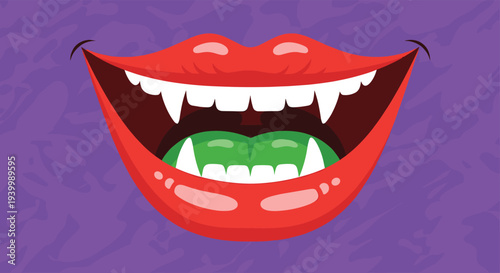 Scary vampire smile with bright red lips and sharp white fangs on a textured purple background for Halloween theme.