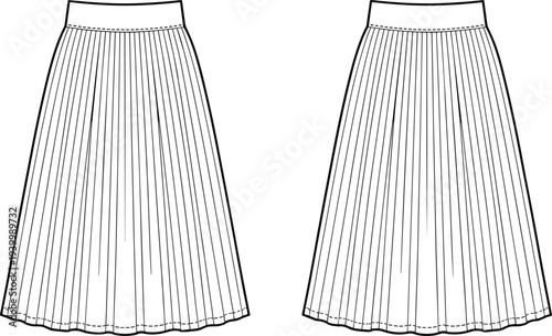Fashion flat sketch of two pleated midi skirts with a clean waistband and a full silhouette drawing