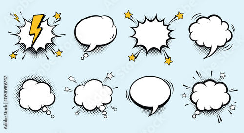 Set of various comic book speech bubbles and explosion clouds with stars and lightning bolts on light blue background.
