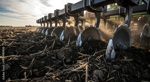 Agricultural machinery plowing soil in rural farmland during sunrise with dust and dynamic motion