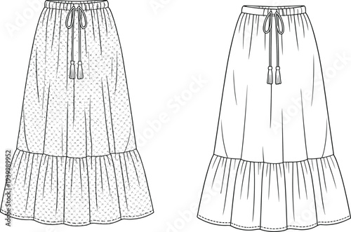 Fashion flat sketch of two tiered boho maxi skirts with drawstring waist and tassels one with a floral pattern and the other plain