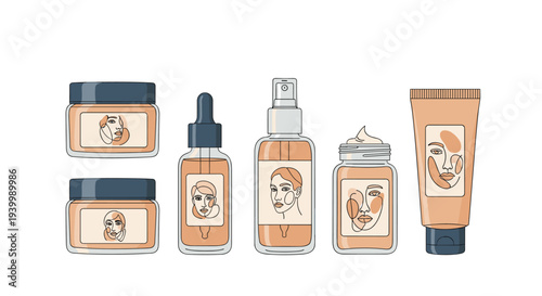 Collection of cosmetic products with labels featuring abstract line art of female faces on white background.