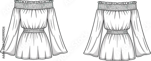 Front and back flat sketch of a white off-the-shoulder smocked top with long bell sleeves blouse shirt