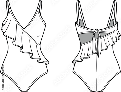 Front and back flat sketch of a white ruffled one-piece swimsuit with spaghetti straps and a tie back