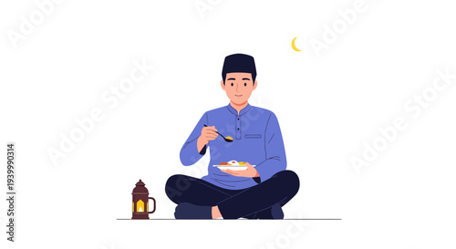 Ramadan vector illustration of a muslim man breaking iftar with a lantern and moon nearby