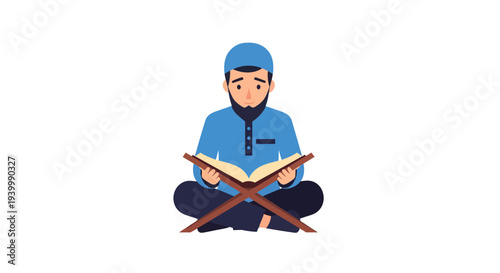 Muslim man reading Quran during Ramadan iftar vector illustration