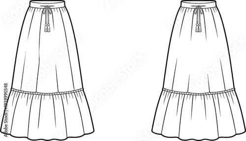 Front and back flat sketch of a white tiered maxi skirt with a drawstring waist and tassels fashion
