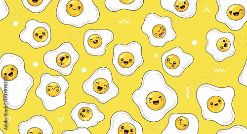 Seamless pattern of cute fried eggs with different funny faces on a bright yellow background with small symbols.