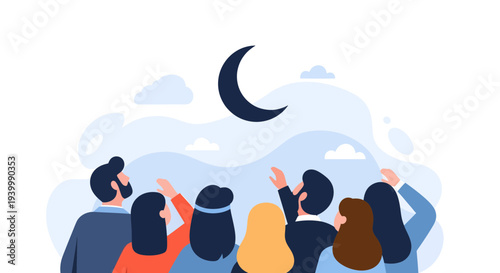 Ramadan vector illustration of muslim family breaking iftar together under crescent moon