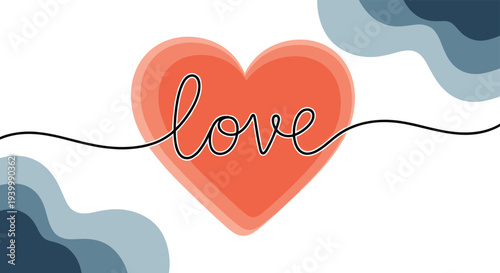 Stylish red heart with handwritten love typography on white background with blue abstract shapes for valentines day.