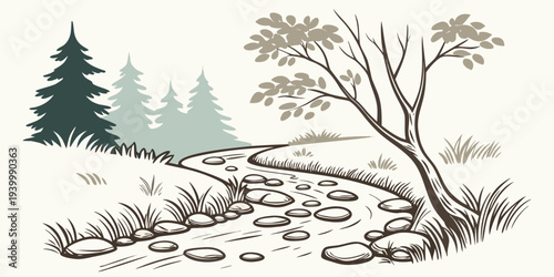 Forest Stream Flowing Over Stones Flat Vector