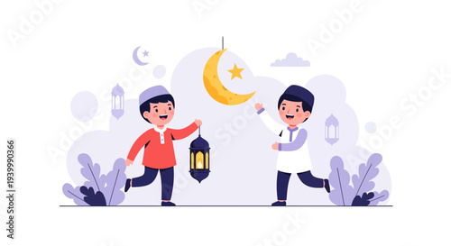 Vector illustration of muslim children celebrating ramadan iftar together
