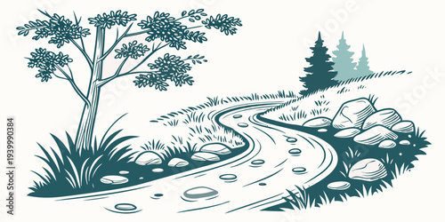 Forest Stream Flowing Over Stones Flat Vector