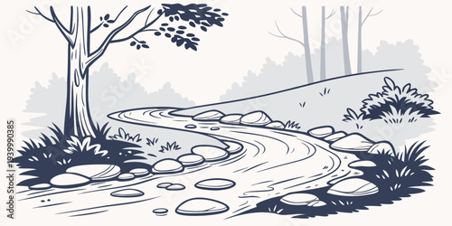 Forest Stream Flowing Over Stones Flat Vector