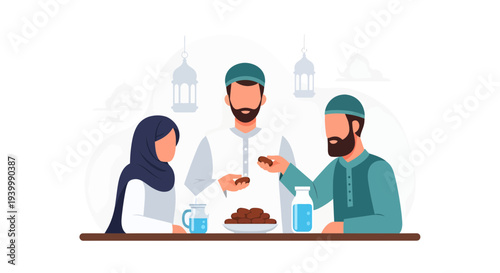 Flat vector illustration of people breaking fast during ramadan concept