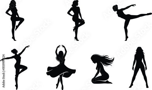 set female dancer silhouettes ballet dance poses elegant woman dancing collection graceful movement performance art isolated vector illustration