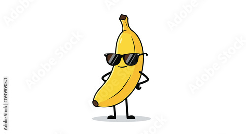 Cool cartoon banana character wearing dark sunglasses and standing in a confident pose on a white background for summer fun.
