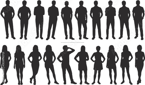 Collection of standing people silhouettes set, men and women full body poses isolated, diverse human figure shadow shapes for design illustration