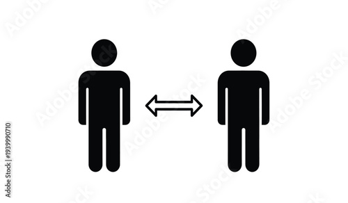 Social distancing illustration with two human silhouettes and a double headed arrow