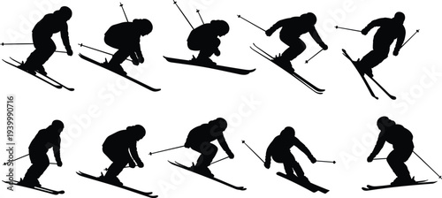 Collection of skier silhouettes performing jumps and downhill skiing tricks, winter sports action poses with ski poles isolated vector illustration set