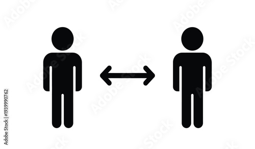 Social distancing illustration with two human silhouettes and arrow