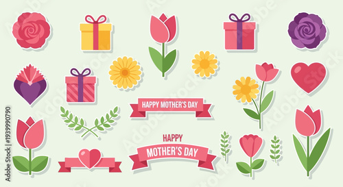 Modern flat icon pack for Mother’s Day theme with flowers, gifts, hearts and decorative elements
