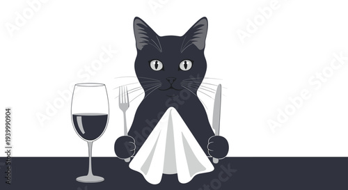 Humorous illustration of a black cat silhouette sitting at a dining table with a glass of red wine and cutlery.