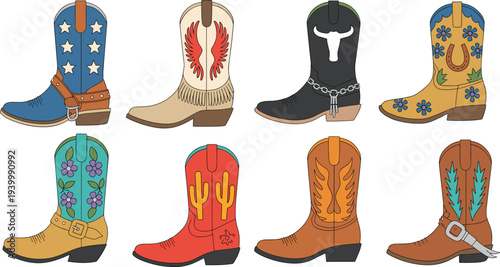 Colorful western cowboy boots collection with decorative stars, wings, cactus and floral patterns isolated vector illustration set for country fashion