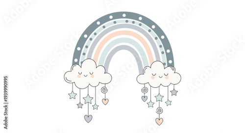 Sweet nursery illustration of a pastel rainbow with smiling clouds and hanging stars and hearts on a white background.