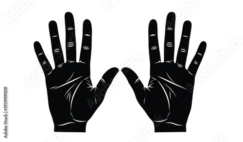 A pair of black gloves with palms facing each other and fingers spread apart