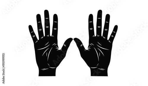 A pair of black gloves with fingers spread apart on a white background