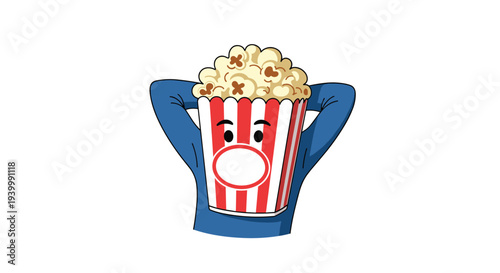Funny cartoon popcorn bucket character with a surprised expression and arms behind its head on white background.