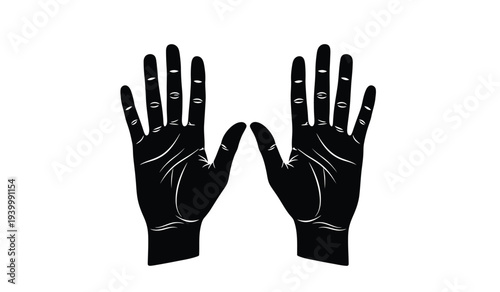 A pair of black gloves with palms facing each other and fingers spread apart