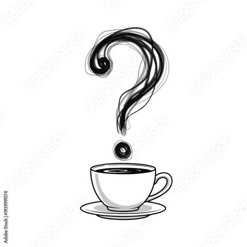 Black question mark emanating from coffee cup, stylized drawing on white