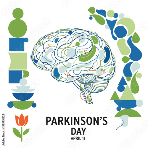 Brain art illustration with shapes, a flower, and text for a day