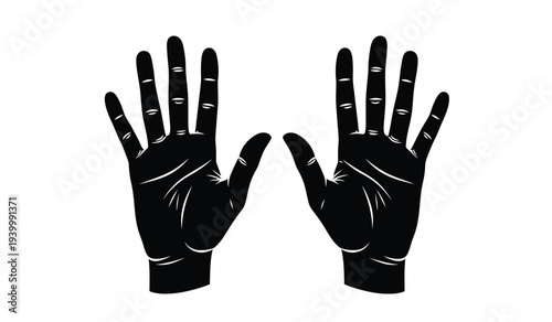 A pair of black gloves with palms facing forward and fingers spread apart