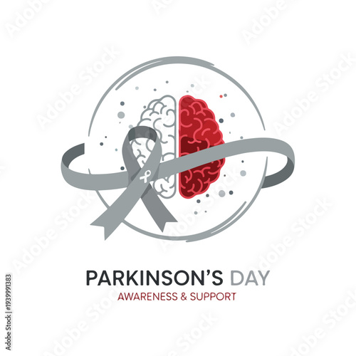 Brain graphic with ribbon and circular elements to represent Parkinson's Day
