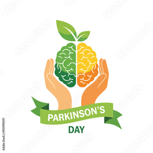 Brain halves, hands, leaves on white, with text on a ribbon